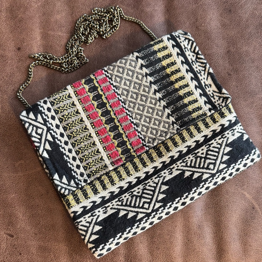 BOHO Patterned Fabric Crossbody Bag in Black, Cream and Gold
